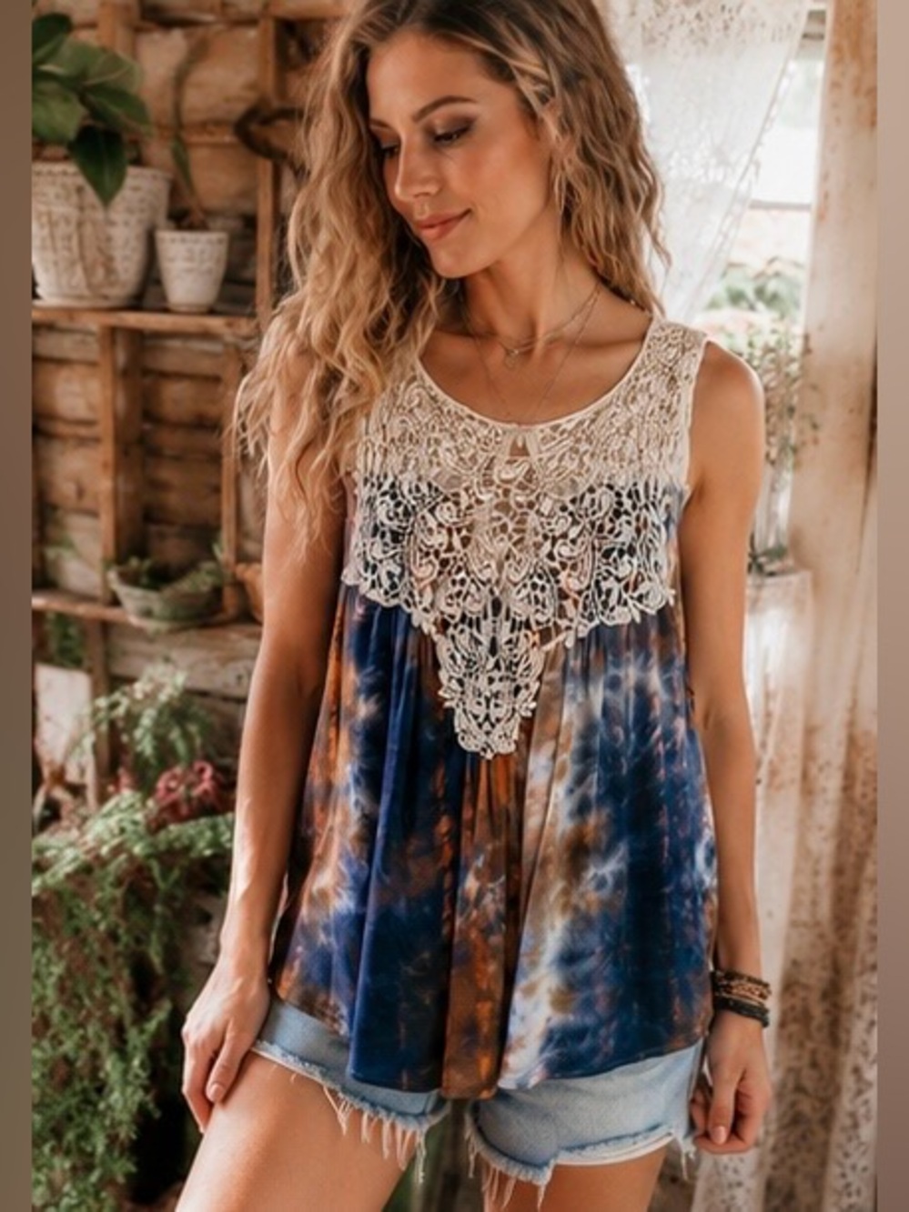 entro Blue and Brown Tie-Dye Lace Yoke Tank Top